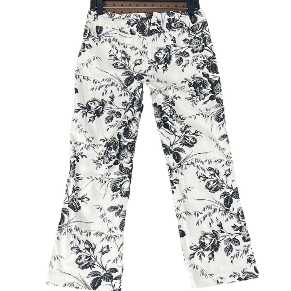 Express Womens Stretch Pants Off White Black Floral Print Inseam 24" Waist 30 In